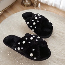 跨境冬季新款珍珠毛毛拖鞋女加厚保暖交叉家居拖鞋防滑厚底棉拖鞋