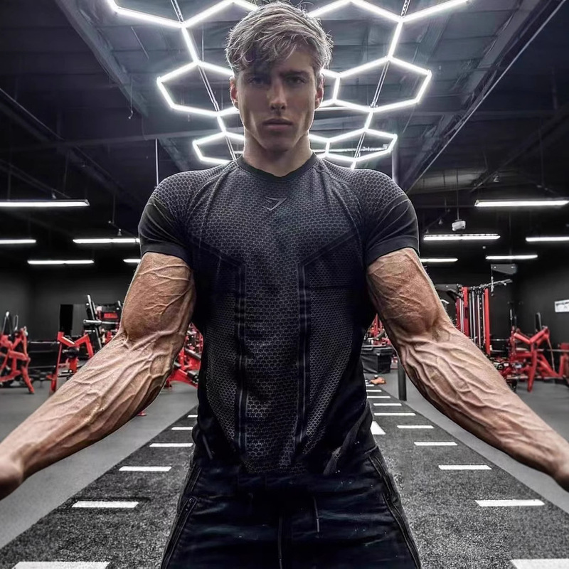 Gymshark Summer Men's Slim Short-Sleeved Sports Slim Casual Large Size Short-Sleeved Casual Elastic Top Shark