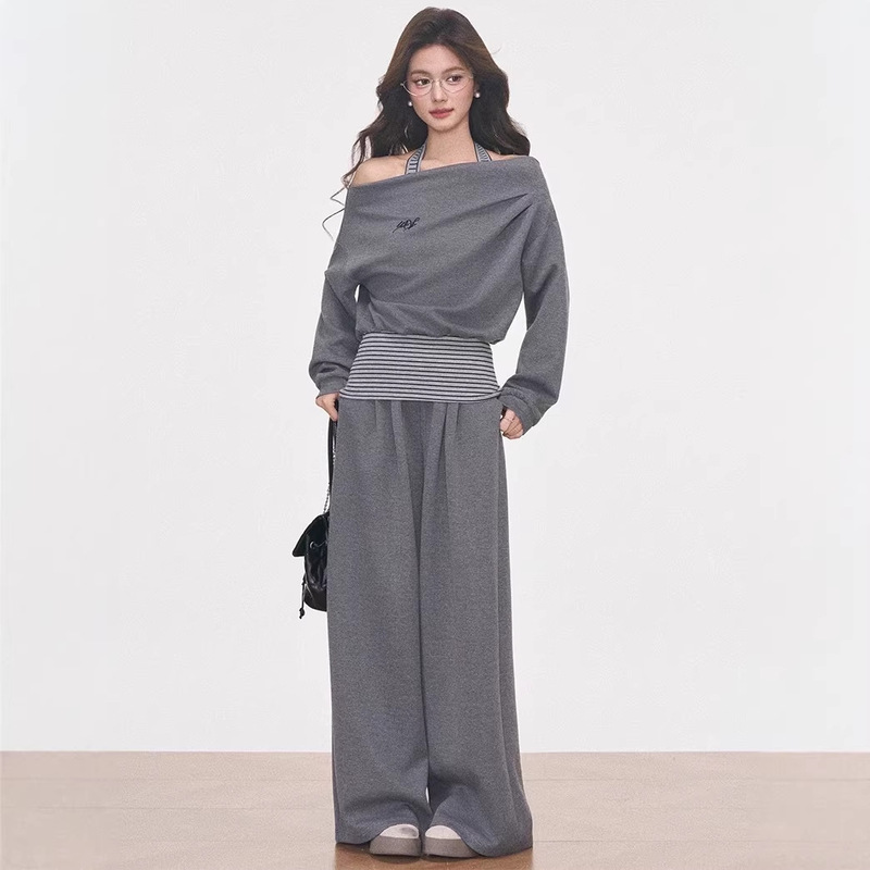 [New Product] Westayone Gray Knitted Fake Two-Piece Casual Suit for Women, Three-Piece Sporty Set in a Lazy Style