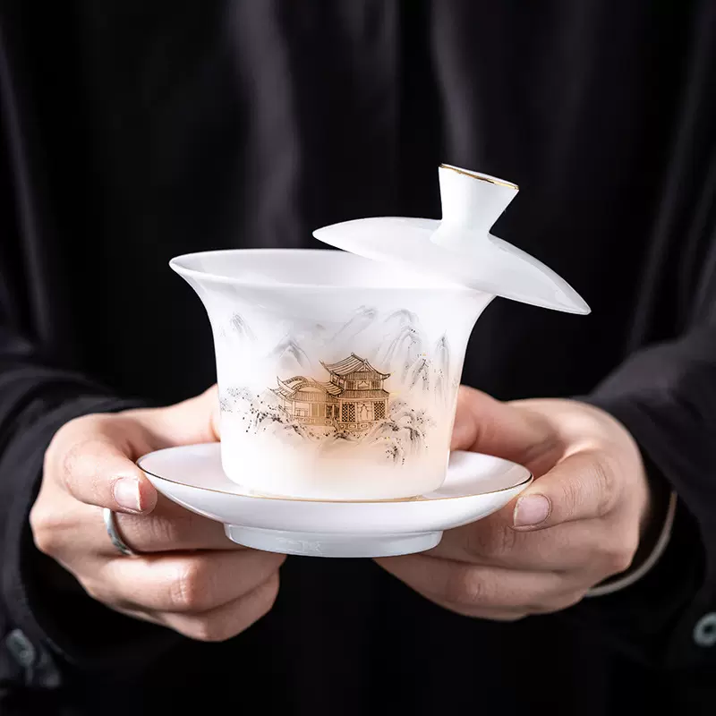 冰种玉瓷悬停三才盖碗描金家用敬茶碗陶瓷功夫茶具泡茶盖杯单个