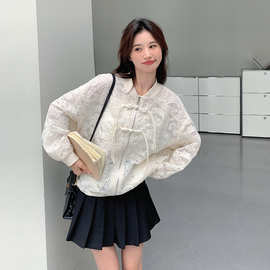 新中式蕾丝衫2024春夏新款女装设计感复古盘扣国风微透视刺绣外套