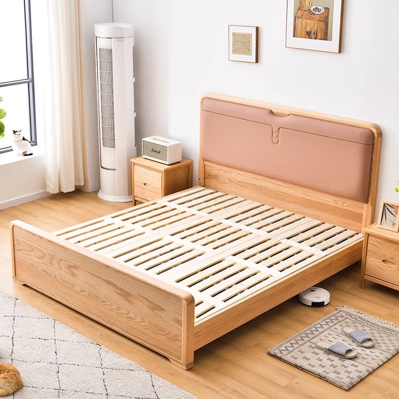 Nordic Red Oak Master Bedroom Single & Double Bed, Modern Minimalist Wedding Bed, Large Bed with Soft Backrest, Gas-Piston Storage Bed, Solid Wood Frame