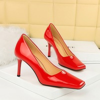7731-3 European and American Style Fashion Simple Bright High Heels Lacquer Leather Thin Heels High Heels Shallow Mouth Square Head Single Shoes Women's Shoes