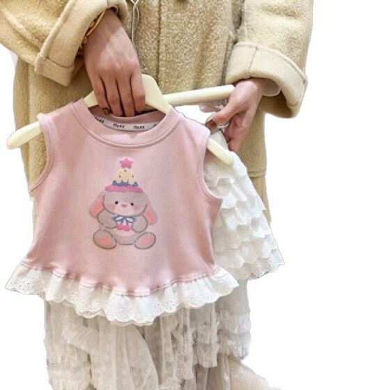 Girls Korean Style Summer Ice Silk Cartoon Vest New Cute Bear Print Lace Stylisse All-match Top