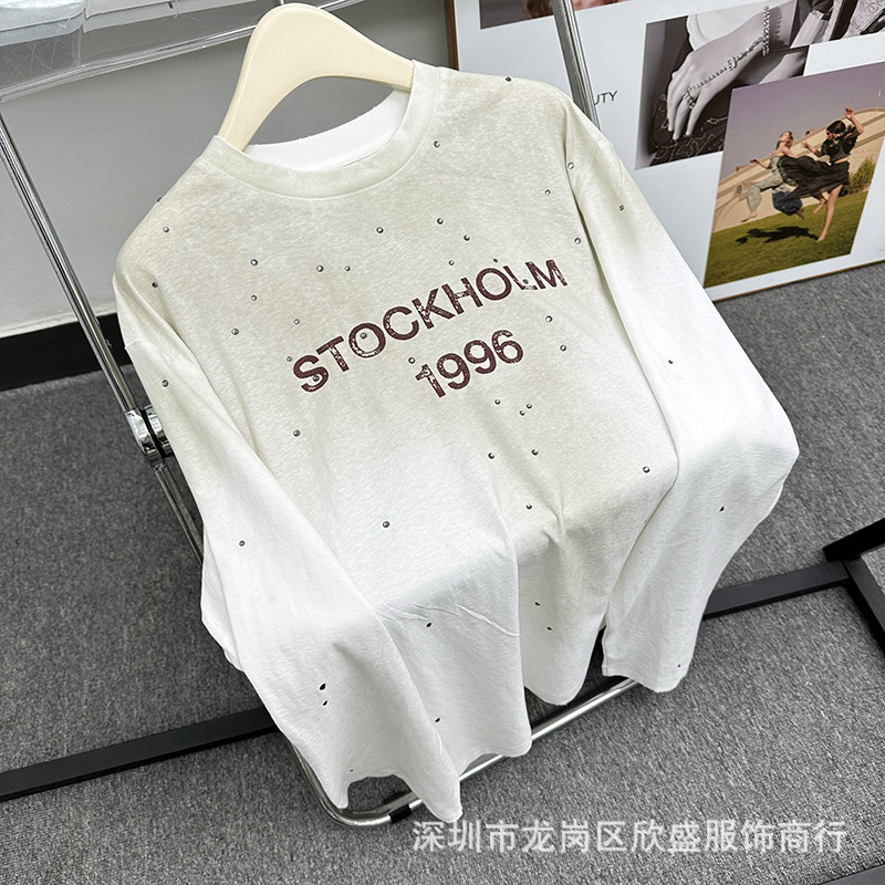 2025 Early Spring New 1996 Printed Fried Color Old Hot Rhinestone Retro Casual Long Sleeve T-shirt Men's and Women's Same Style Top