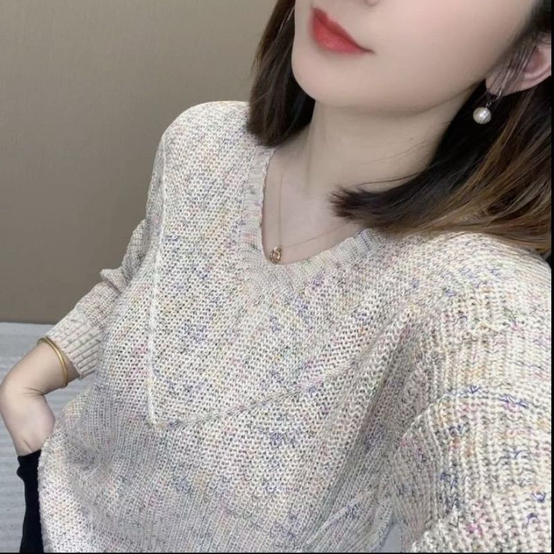春秋幻彩圆领套头衫女长袖气质百搭宽松显瘦新款针织上衣|undefined