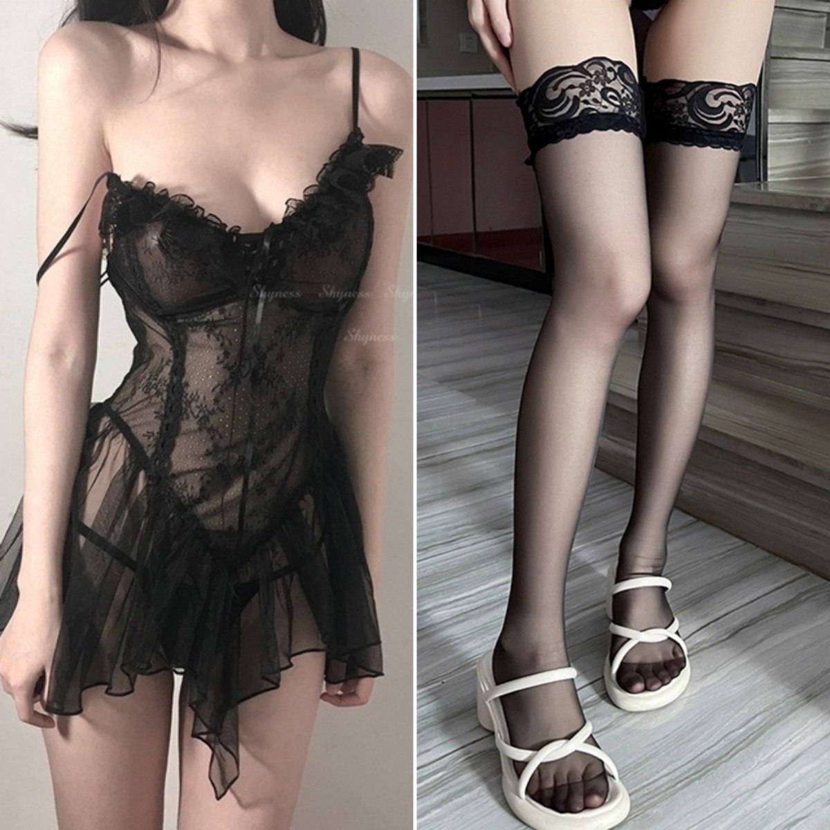 블랙(서스펜더 스커트+T바지)에 레이스 블랙 스타킹 포함