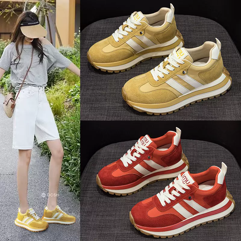 红色轻便老爹鞋女2025新款秋季真皮厚底内增高女鞋阿甘运动德训鞋