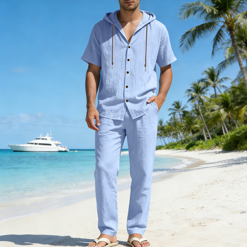 Herren Sommer-Freizeitanzug mit Hemd und Hose, locker geschnitten, Leinen, Kapuze, kurzärmelig, europäisch-amerikanischer Stil, gerades Bein_voghion.com