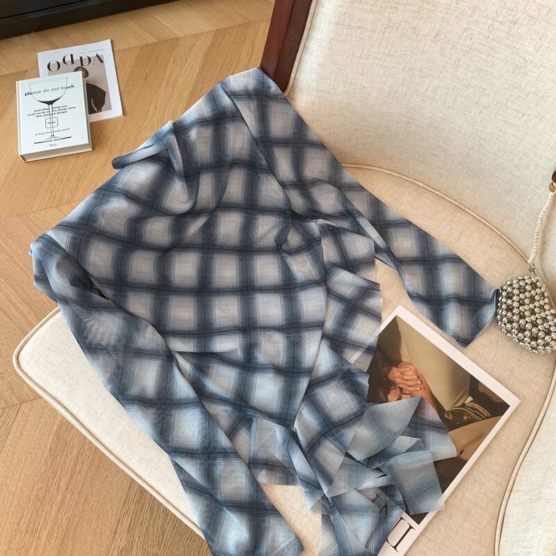 广州十三行高货爆款~长袖网纱上衣女秋季新款不规则格纹百搭小衫|undefined