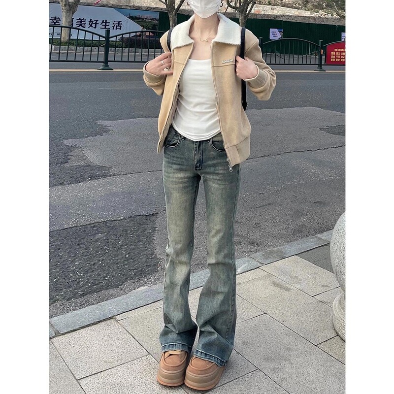 American-Style Retro Blue Extended Flared Jeans for Women, New Summer Low-Waist Slim-Fit Stretchy Floor-Length Bootcut Pants Trendy