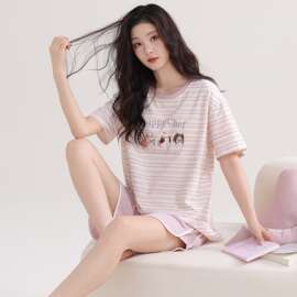 带胸垫睡衣女款2026新款夏季纯棉短袖短裤薄款圆领条纹卡通家居服