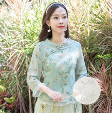 雪纺女式衬衫2023春夏新品修身文艺立领清新印花上衣涵柏