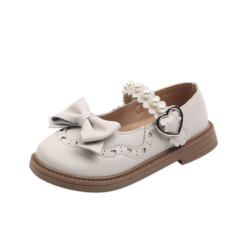 Children's Leather Shoes 2024 Spring New Girls Princess Shoes Fashion Bow Pearl Single Shoes Girls Shoes Cross-Border