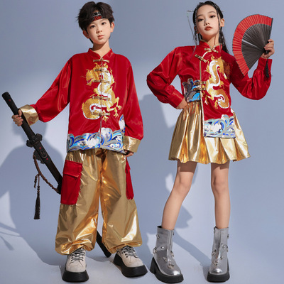 Children dragon pattern street outfits hiphop rapper singers jazz dance costumes for boys girls model show catwalk gogo dancers stage performance wear for kids