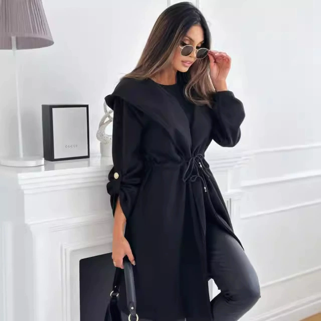 2024 европейские и американские осенние и зимние новые темпераментные модные лацканы и веревки ветровки длинные сплошные шерстяные пальто для талии женская одежда