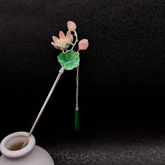 Elegant ancient-style oil-painted lotus flower tassel hairpin with a high-end, modern Chinese vibe. Hairpin set for wholesale hair accessories.
