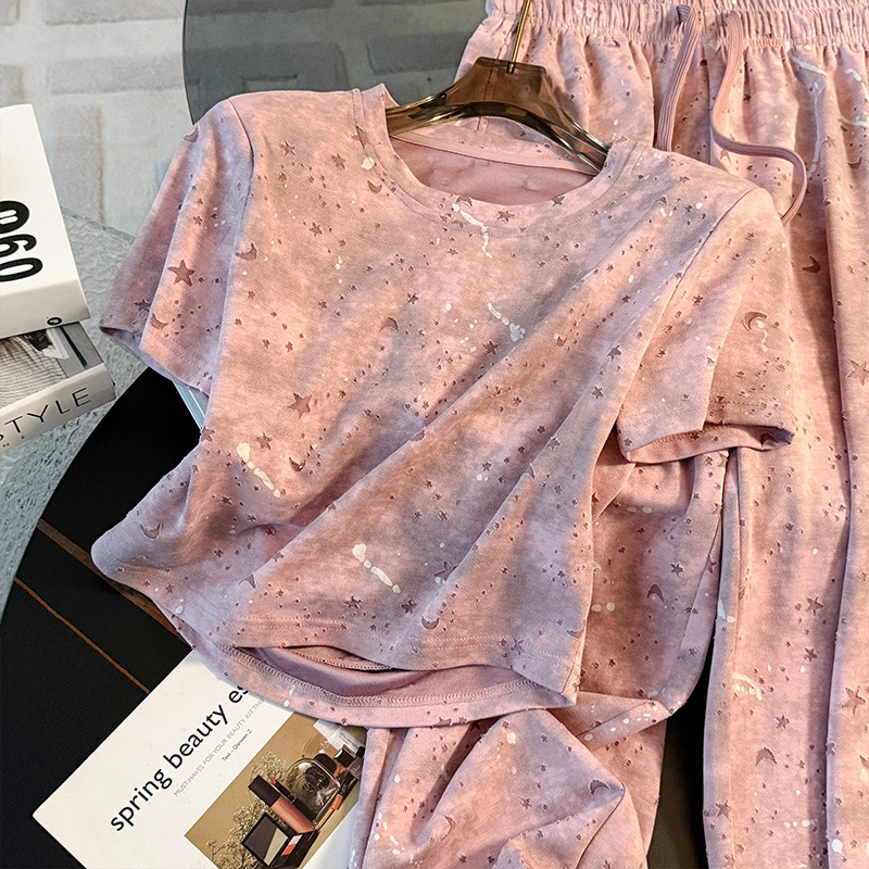 Women's Clothing Fashion Sports Casual Suit Pink Tie Dyed Short Sleeved Top Wide Leg Trousers Two Piece Suit_ecoleips.com