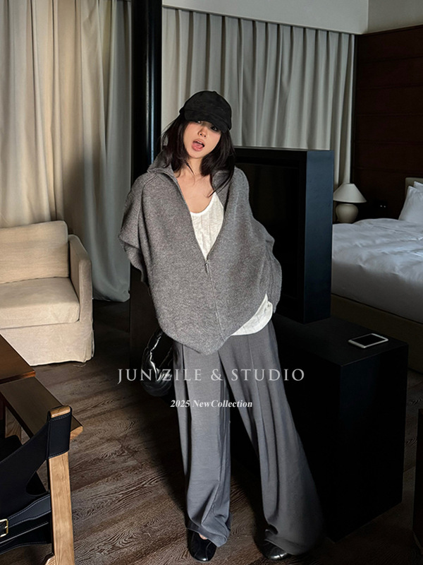 秋装女装高级感简约韩系灰色毛衣外套宽松显瘦高领拉链针织开衫|undefined