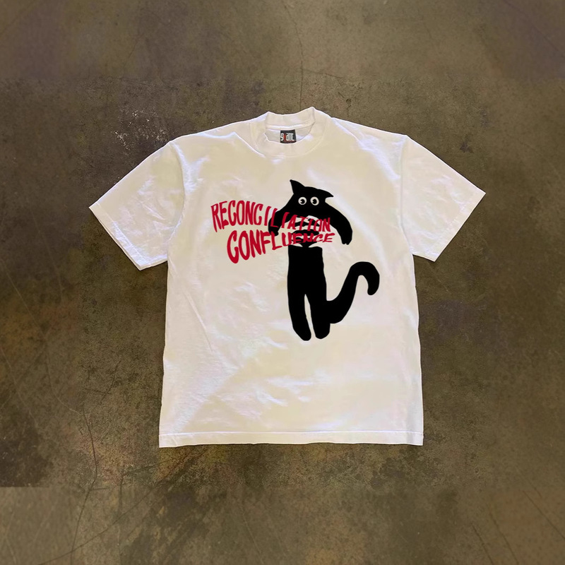 250g Heavy Cotton! American Oversize Muscle Cat Print Couple Women's Loose Short-Sleeved T-Shirt Men's Trendy Brand