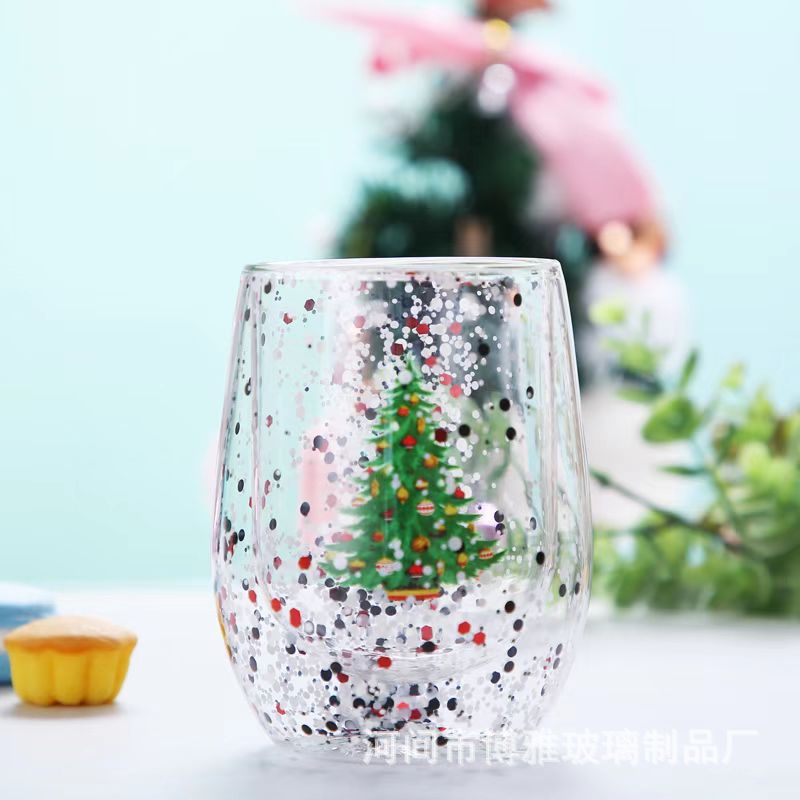 Copa de Navidad de vidrio Taza Linda Taza de regalo de Año Nuevo creativo Taza taza de bebida doméstica de doble capa con tapa