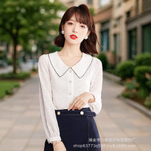 复古撞色娃娃领波点雪纺衬衫新款长袖减龄百搭通勤气质宽松上衣女