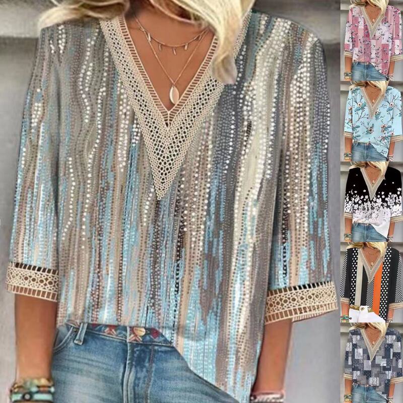 European and American Cross-Border Popular Fashion Women's Clothing Loose New Spot Multi-Color Floral Print Patchwork Lace Mid-Sleeve V Neck T-Shirt
