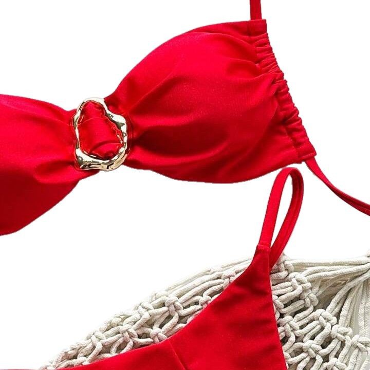 2025 Traje de baño europeo y americano transfronterizo dividido color sólido y doble tela brillante sexy bikini comercio exterior