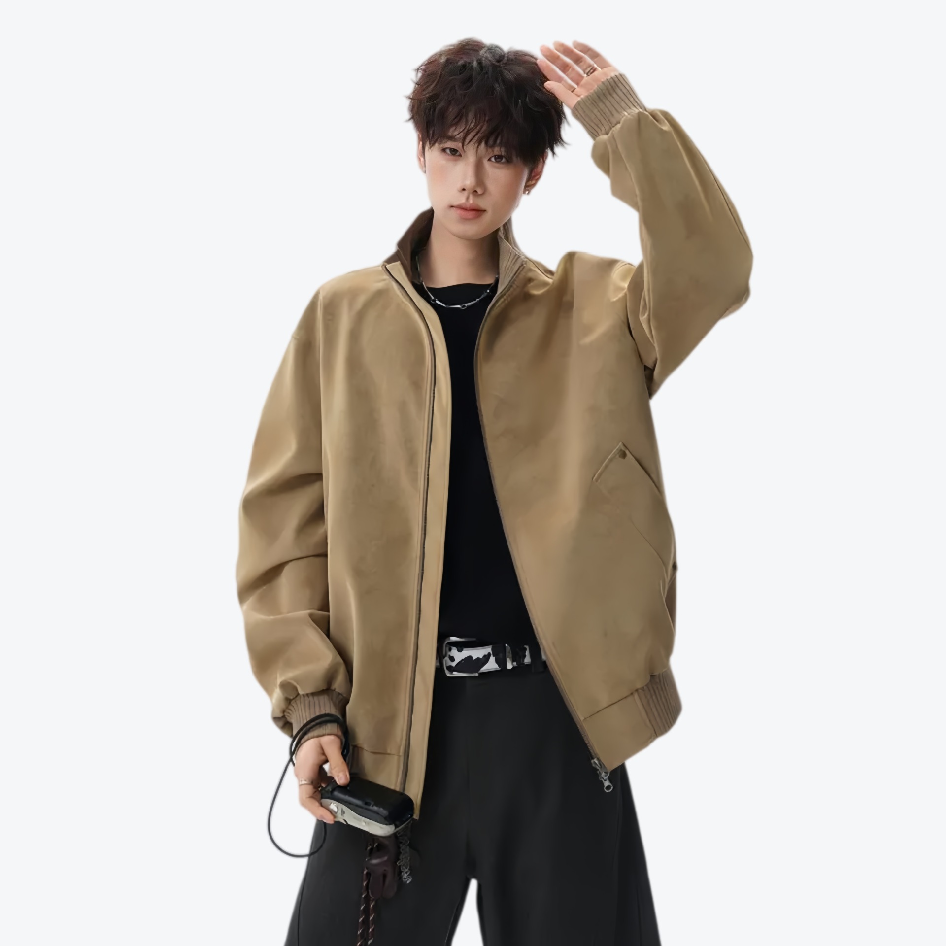 New versatile three-dimensional American retro motorcycle jacket for men and women, loose-fitting, stylish, stand-up collar flight jacket for spring and autumn