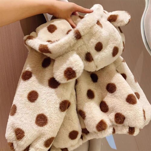 Baby Girl Wool Sweater 2025 Winter New Cap Hooded Polka Dot faux Fur Plush Warm Insulated Children's Jacket