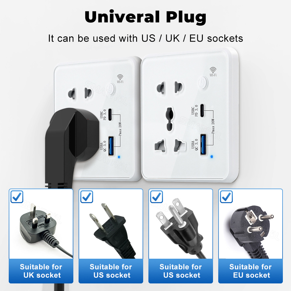 Tuya smart wifi wall touch switch universal socket Type-C+Usb fast charging American, European and British plug