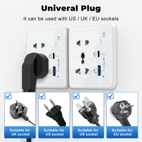 Tuya smart wifi wall touch switch universal socket Type-C+Usb fast charging American, European and British plug