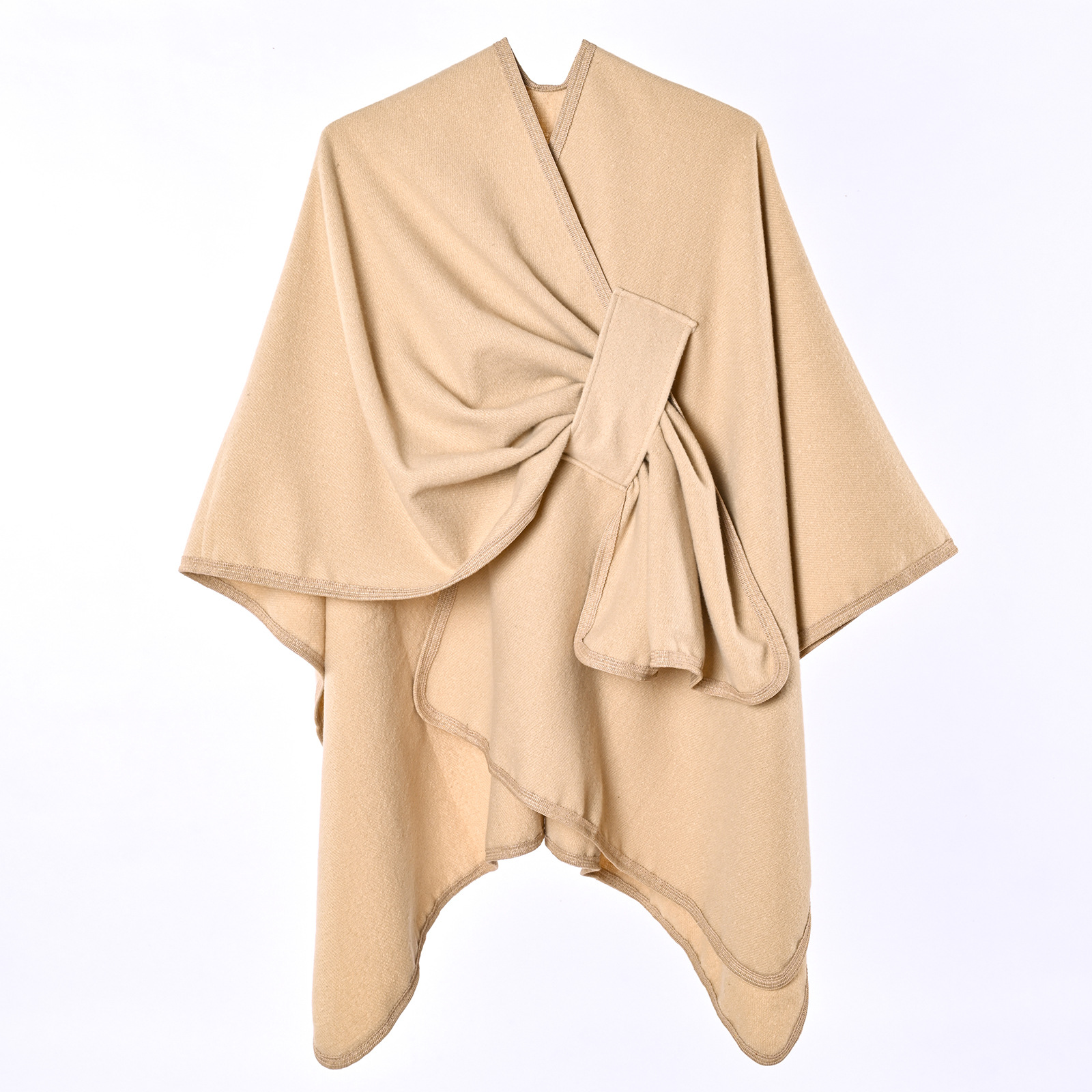 New Women's Autumn and Winter Warm Cape, Simple Double-Sided Solid Color Split Hem Faux Cashmere Outerwear with Tie-Up Shawl Amazon