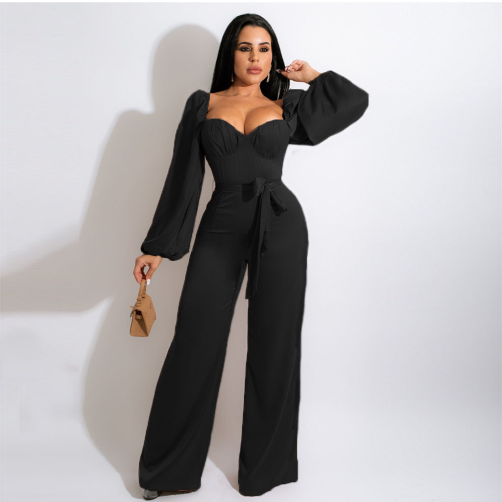 Pleated Solid Color Long Sleeve Lace-Up Wide-Leg Jumpsuit NSGCX112968