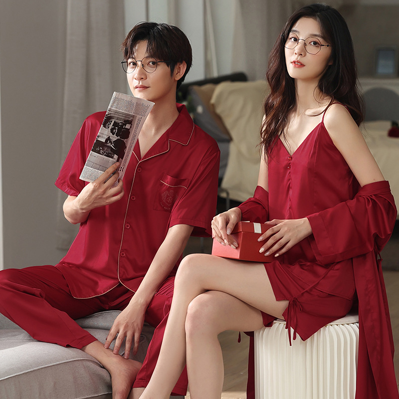 Ice Silk Wedding Couple Pajamas Newlywed Suit Spring and Autumn Summer Big Red Year of the Tiger Year Wedding Bride Home Clothes