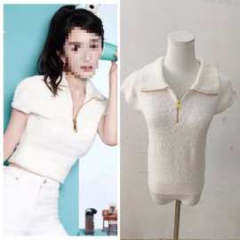 长期现货2025秋冬杨幂同款半开领拉链翻领POLO衫毛绒绒短袖针织衫