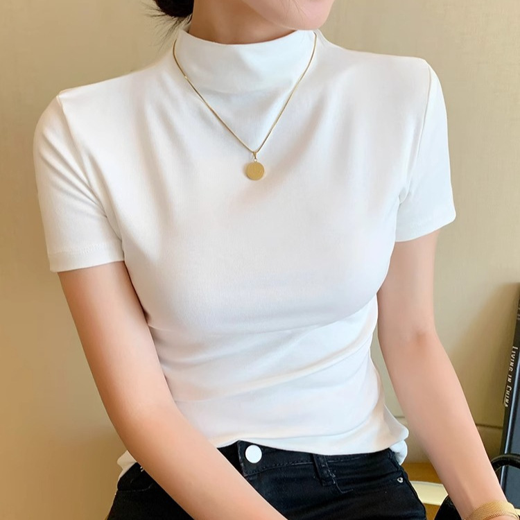 女性用ハーフタートルネック半袖ボトムシャツ、春夏秋の薄手の純綿Tシャツ、スリムフィットシャツ、気質半袖トップス|undefined