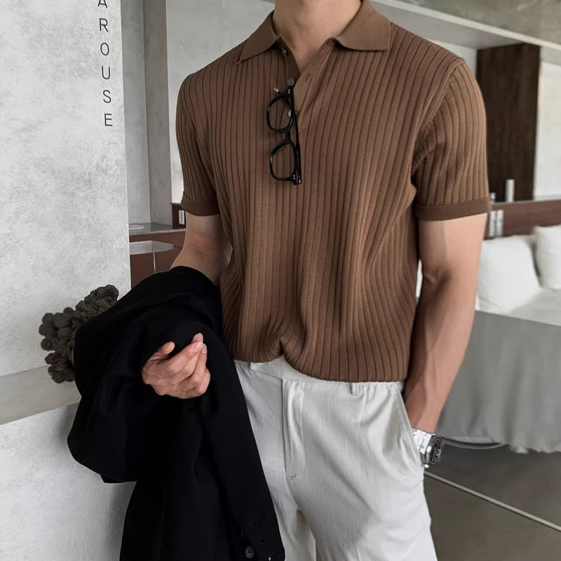 Men's T-Shirt with a Cool and High-End Feel, Short-Sleeved Summer Trendy Brand Polo Shirt, British Style Elegant Men's Clothing, Ice Silk Knitted Polo Shirt