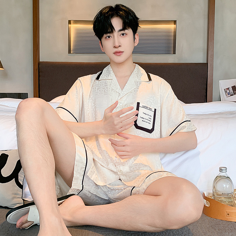 Summer Pajamas Men's Ice and Snow Silk Cardigan Short-Sleeved Korean Style Casual Loose Plus Size Youth Home Wear Set