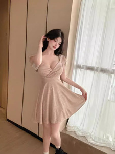 Purely Desired Big Swing Short Skirt Sexy Spicy Girl Low cut Flying Sleeves Wrapped Waist Dress