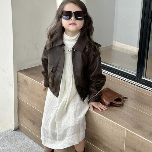 Children's leather jacket 2025 spring new small and medium children's denim jacket for girls short-sleeved leather outerwear trendy