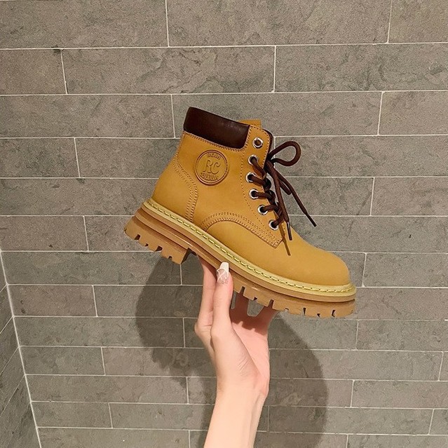 [이모님집] 오토바이 소녀들을 위한 천연 가죽 튼튼하고 예쁜 마틴 부츠, 가을 통기성 빅옐로우 부츠, 등산용 숏부츠