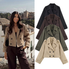 跨境外贸女装2025秋季欧美风翻领长袖双排扣短款风衣外套女B88872