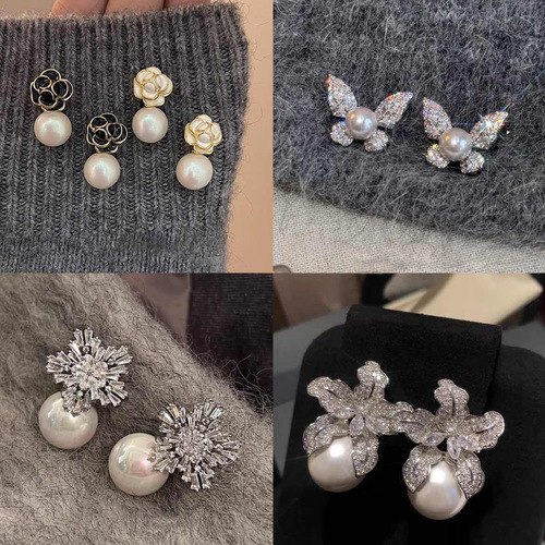 Elegant Earrings with Light Luxury Zirconia Flower Butterfly Pearl Design, Stylish and Sophisticated, High-end Winter French Retro Earrings
