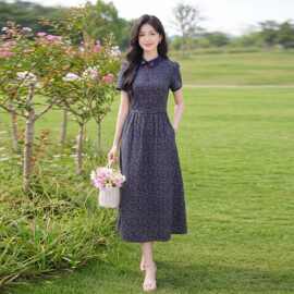 连衣裙2026夏季新款女装减龄气质翻领碎花显瘦短袖修身长裙SY2687