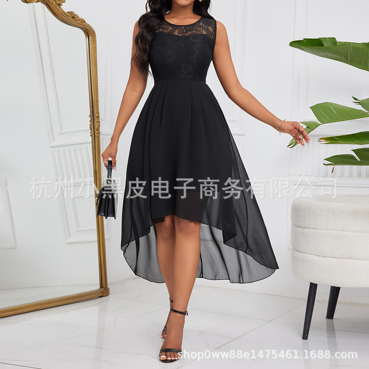 solid color lace fashionable elegant dress with a round collar…