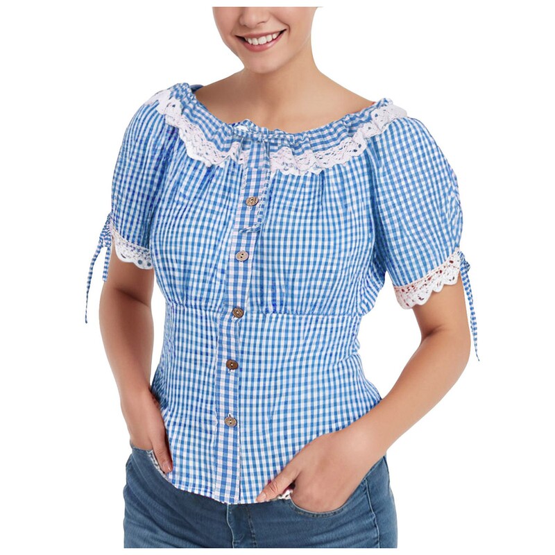 Amazon Cross-Border One-Shoulder Plaid Top Short-Sleeved Beer Holiday T-Shirt Shirt Loose Lace European and American New Style Amazon Cross-Border One-Shoulder Plaid Top Short-Sleeved Beer Holiday T-Shirt Shirt Loose Lace European and American New Style