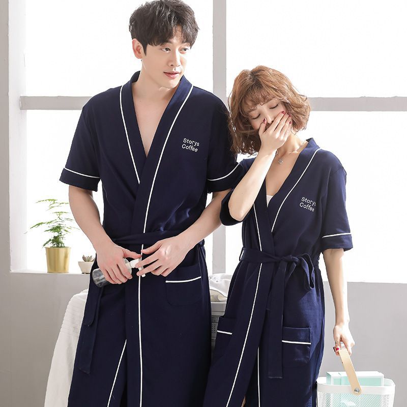 Pareja de verano japonés Albornoz manga corta algodón los hombres y las mujeres largo pijamas inicio desgaste estilo coreano camisón