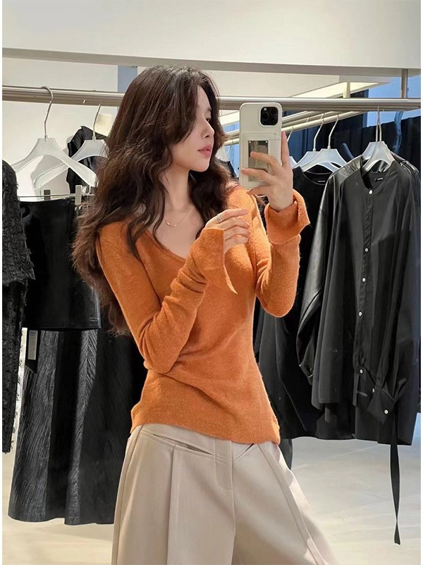 AN Maiden韓国系Uネックブルーのシンプルなニットの女性の春はウエストの正肩のラッパの袖の中に上着を掛けます。