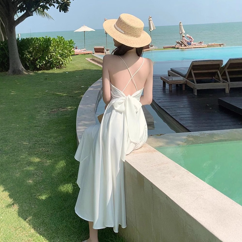 Sanya Travel Wear Internet Popular Sling Backless dress Summer Slim White Fairy Dress Seaside Holiday Beach Dress
